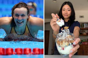 Katie Ledecky, in a swim cap and swimsuit, smiles widely while emerging from the pool during a swimming competition