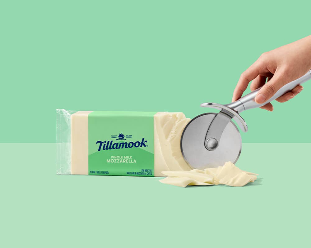 Tillamook Mozzarella cheese in a green package