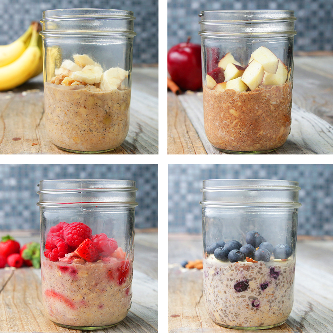 Four jars of oatmeal with different toppings: sliced bananas, diced apples, raspberries, and blueberries, arranged in a 2x2 grid on a wooden surface