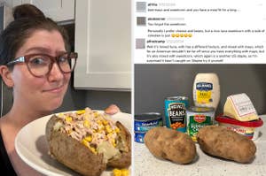 A woman holding a baked potato topped with a tuna mixture, corn, and dressing. Ingredients for the meal, including beans, canned tuna, potatoes, mayo, and sweetcorn, are displayed nearby. Comments about the meal are shown, highlighting preferences and sug