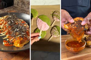 Three vertical photos of food: egg dish with sauce and seaweed, hand holding dipped popsicles, and chicken being dipped into red sauce