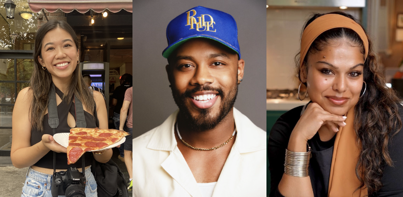 Three people smiling: one woman holding a pizza slice, one man in a hat, and another woman posing with her hand under her chin